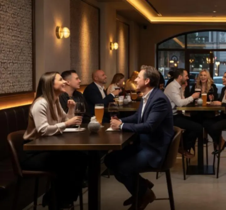 Vendégek mosolyogva beszélgetnek egy asztalnál egy modern lounge-ban