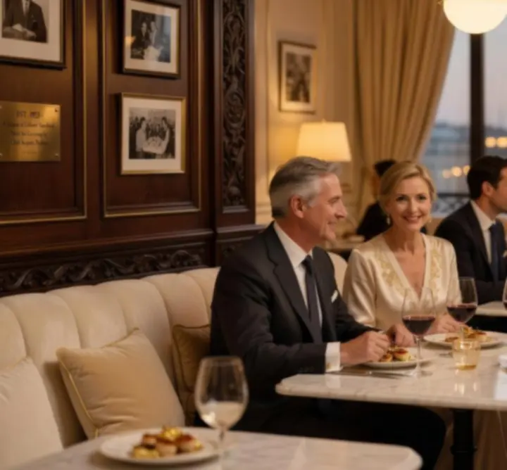 Elegáns enteriőr a Orasul VIP-ben, meleg esti fényekkel és megterített asztalokkal